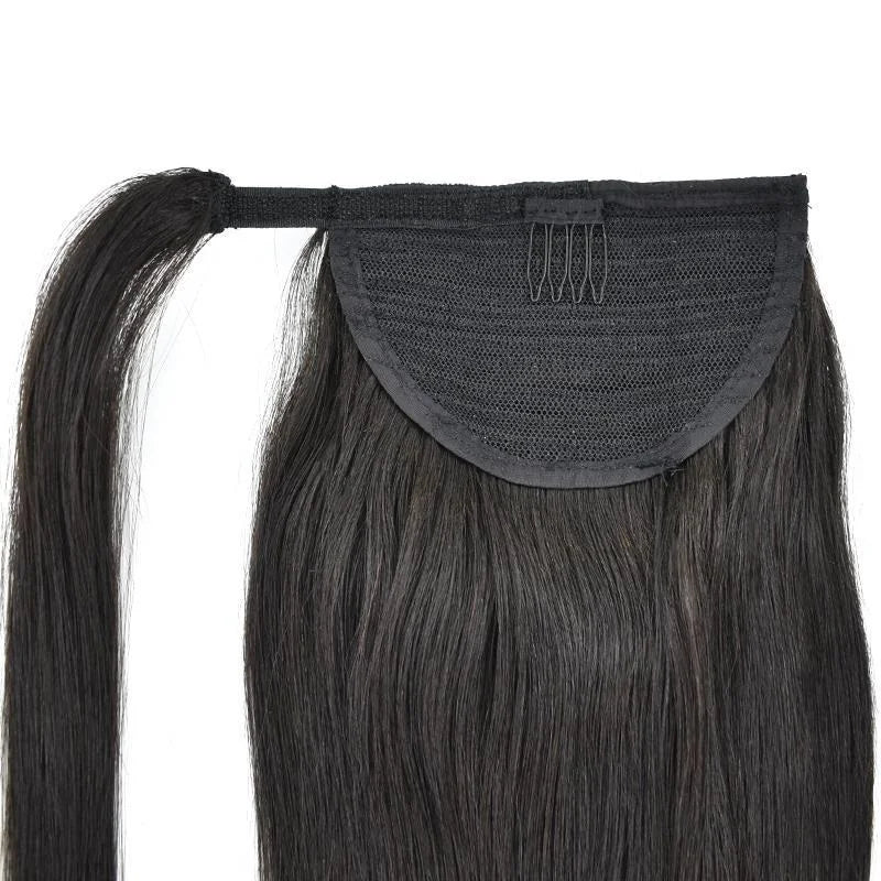 Long straight Brazilian Remy human hair wrap-around ponytail extension in natural color, HSF Marketplace
