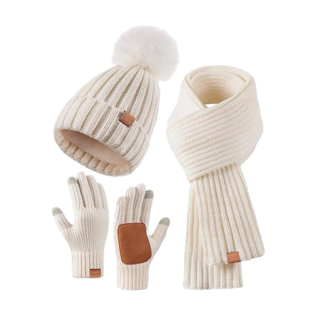 Women's warm winter touchscreen gloves, hat and scarf set in a cozy matching design