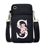 Small floral alphabet-themed crossbody bag for women, featuring Sakura graphics, mobile phone compartment, and stylish design.