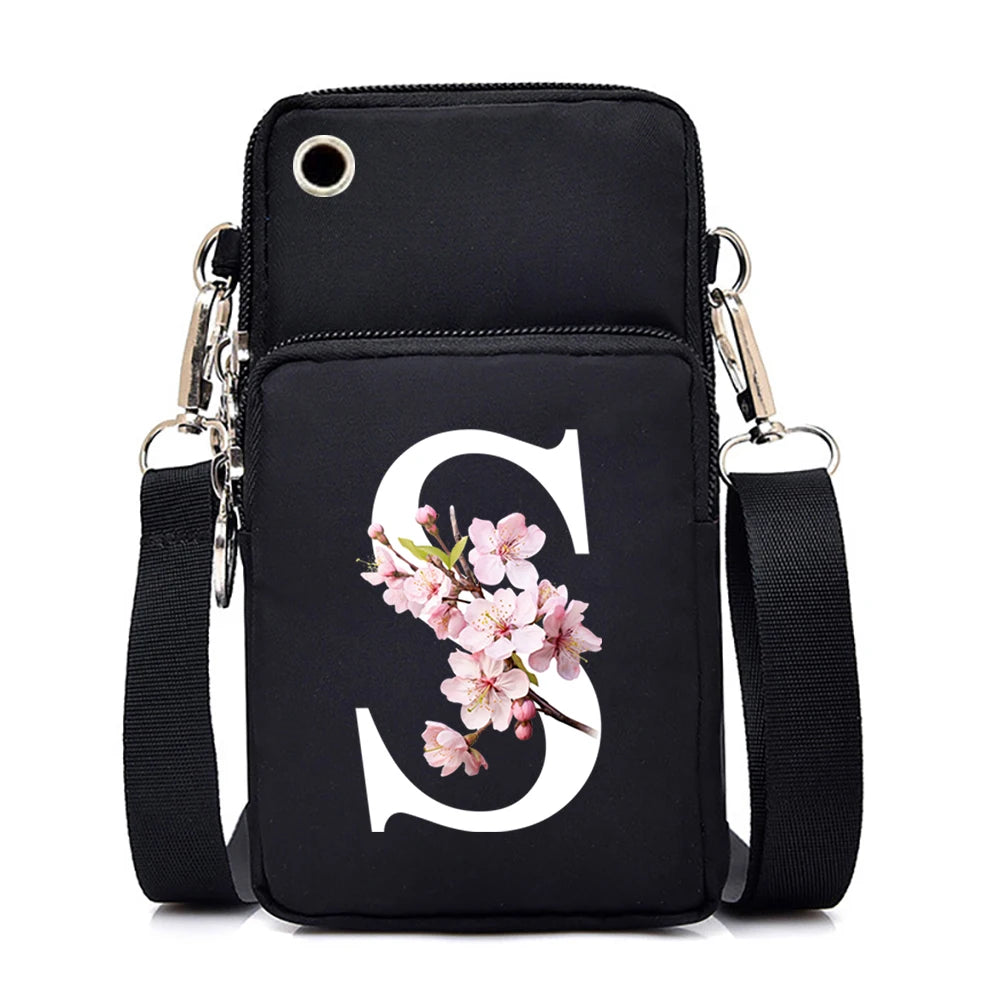 Small floral alphabet-themed crossbody bag for women, featuring Sakura graphics, mobile phone compartment, and stylish design.