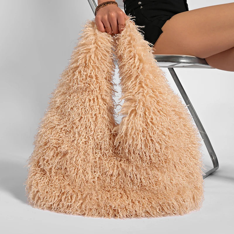 Luxury faux fur tote bag for women, stylish winter hobo handbag by HSF Marketplace