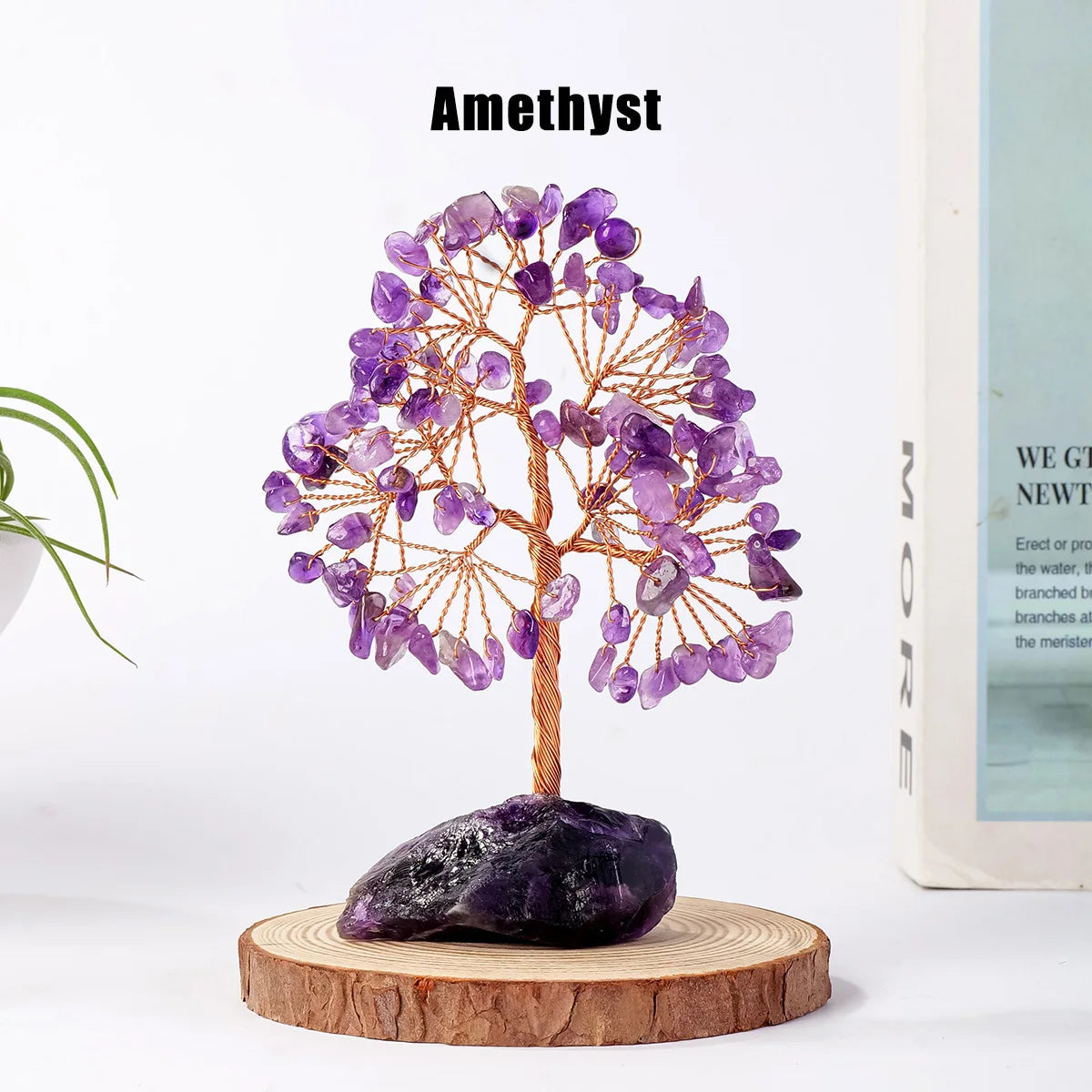 1PC Natural Gemstone Crystal Lucky Tree with Irregular Raw Stone Base for Home Office Desk Living Room Decor