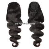 Natural black Brazilian human hair body wave drawstring ponytail extension with clip-in attachment