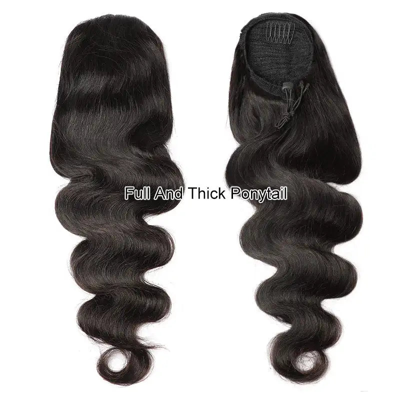 Natural black Brazilian human hair body wave drawstring ponytail extension with clip-in attachment