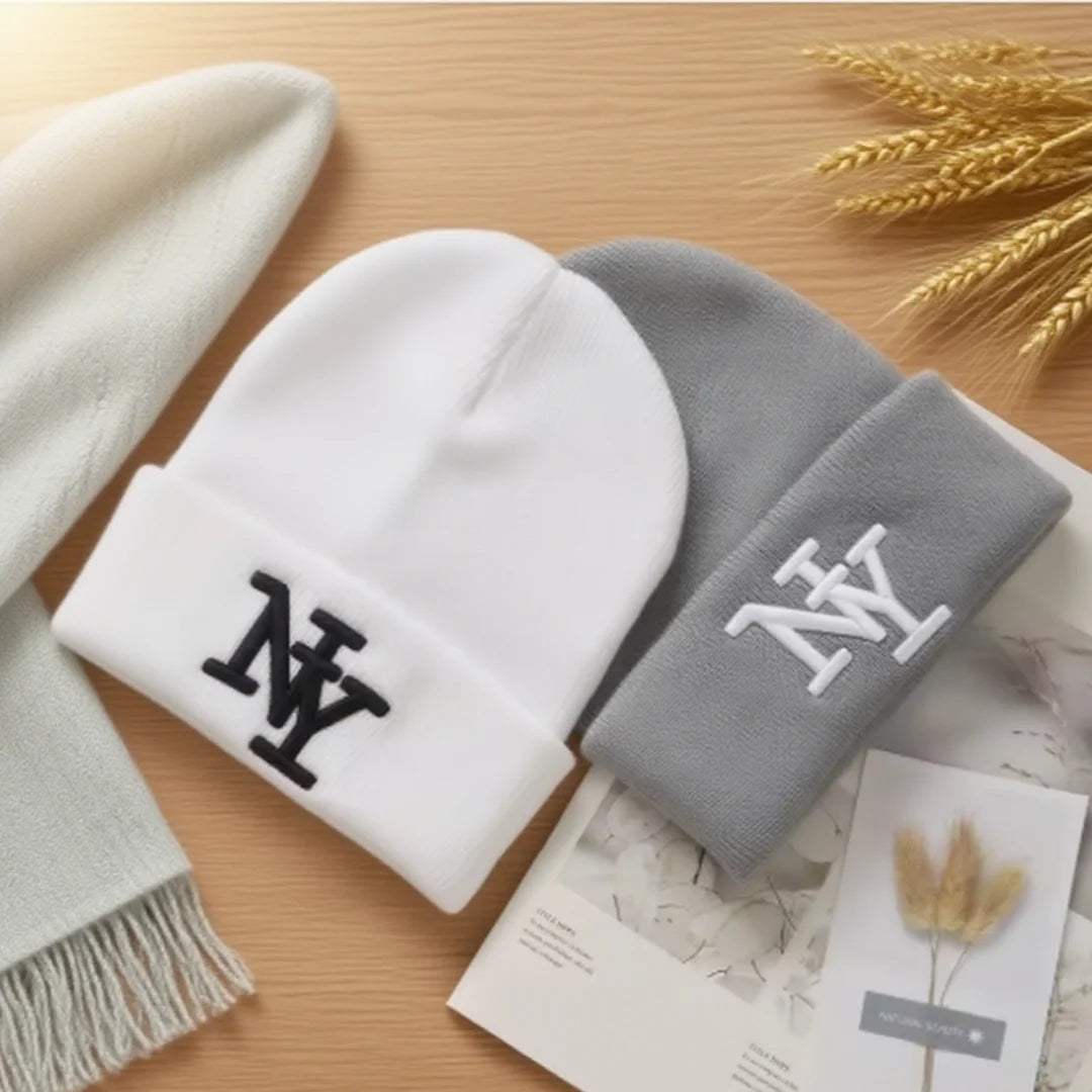 Unisex winter beanie hat with 3D embroidery, solid color knitted cap for outdoor sports and casual wear