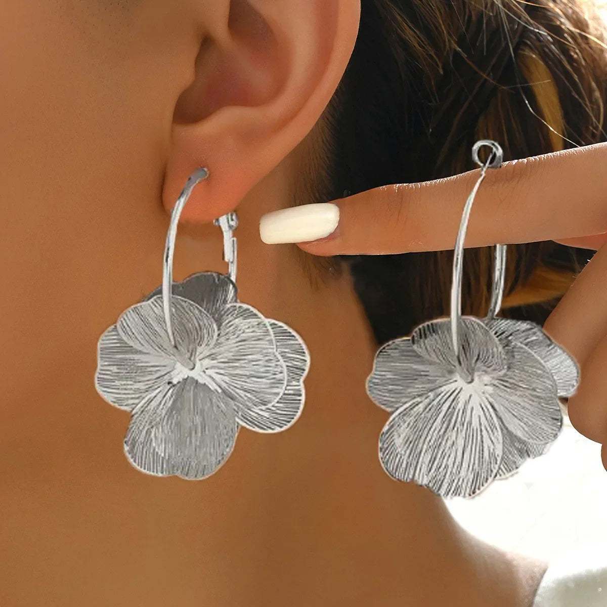 Stainless steel golden double-layer hollow flower hoop earrings by HSF Marketplace, vintage women's jewelry