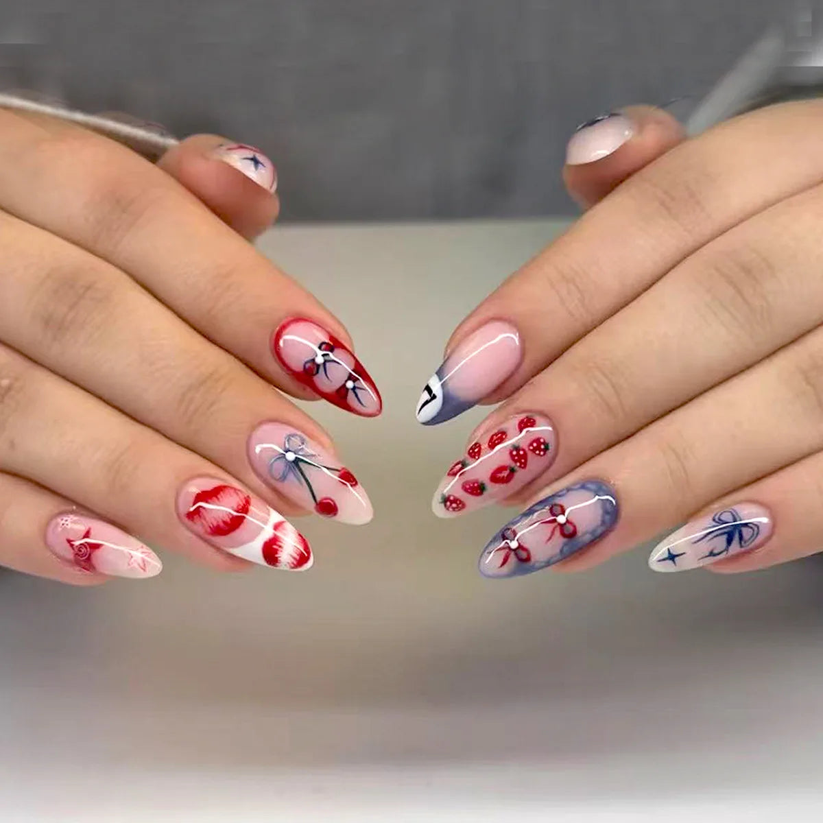 HSF Marketplace pink almond false nail tips with bowknots, love hearts and pearl design, 24-piece press-on set