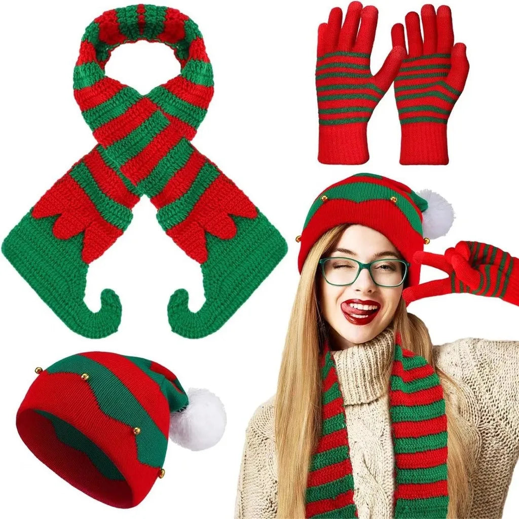Christmas-themed knitted hat, scarf and gloves winter set for warmth by HSF Marketplace