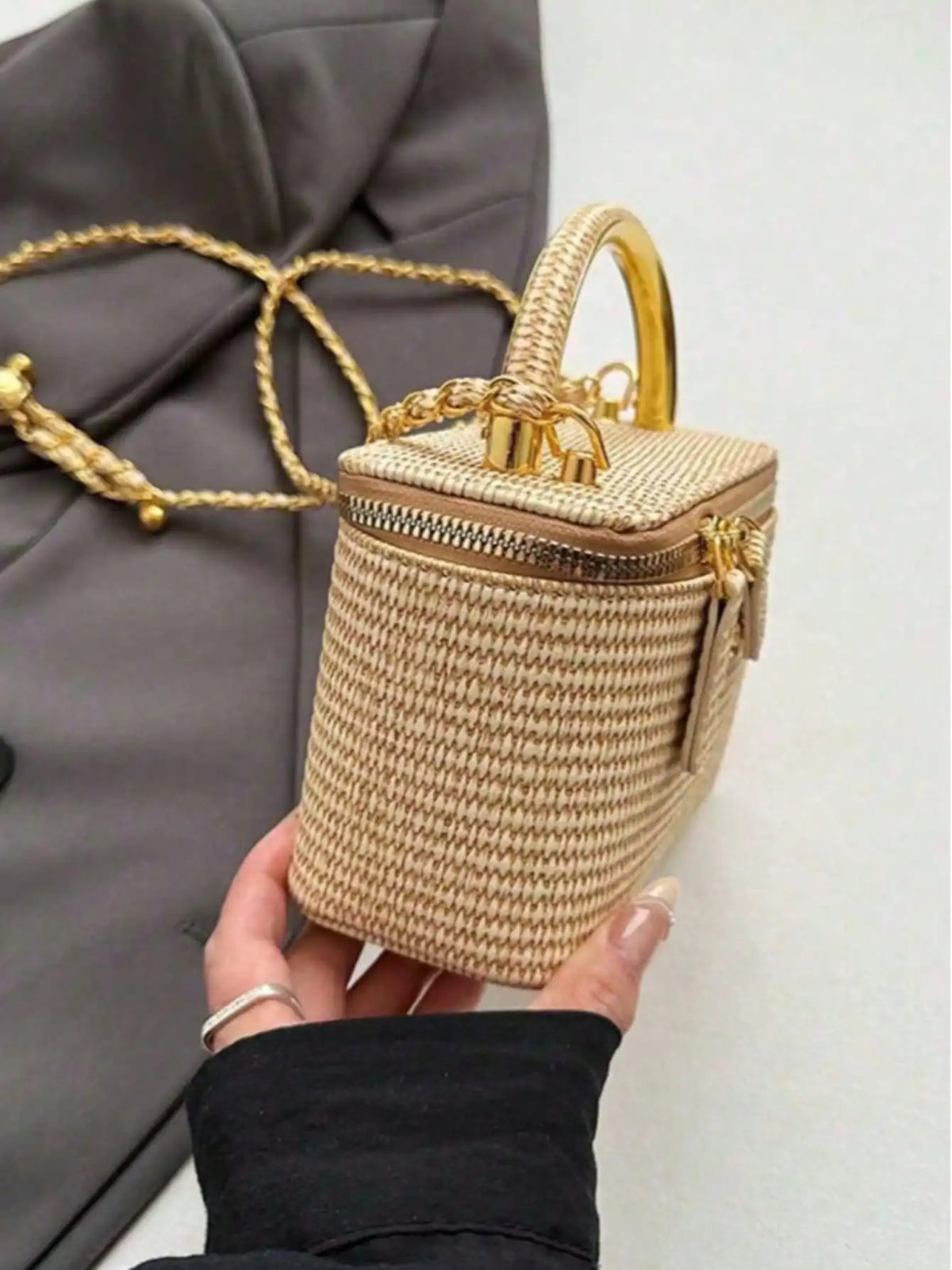 Minimalist woven straw lunch box bag with chain strap from HSF Marketplace