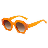 Hexagon-shaped designer sunglasses for women featuring colorful patchwork design, casual retro eyewear by HSF Marketplace