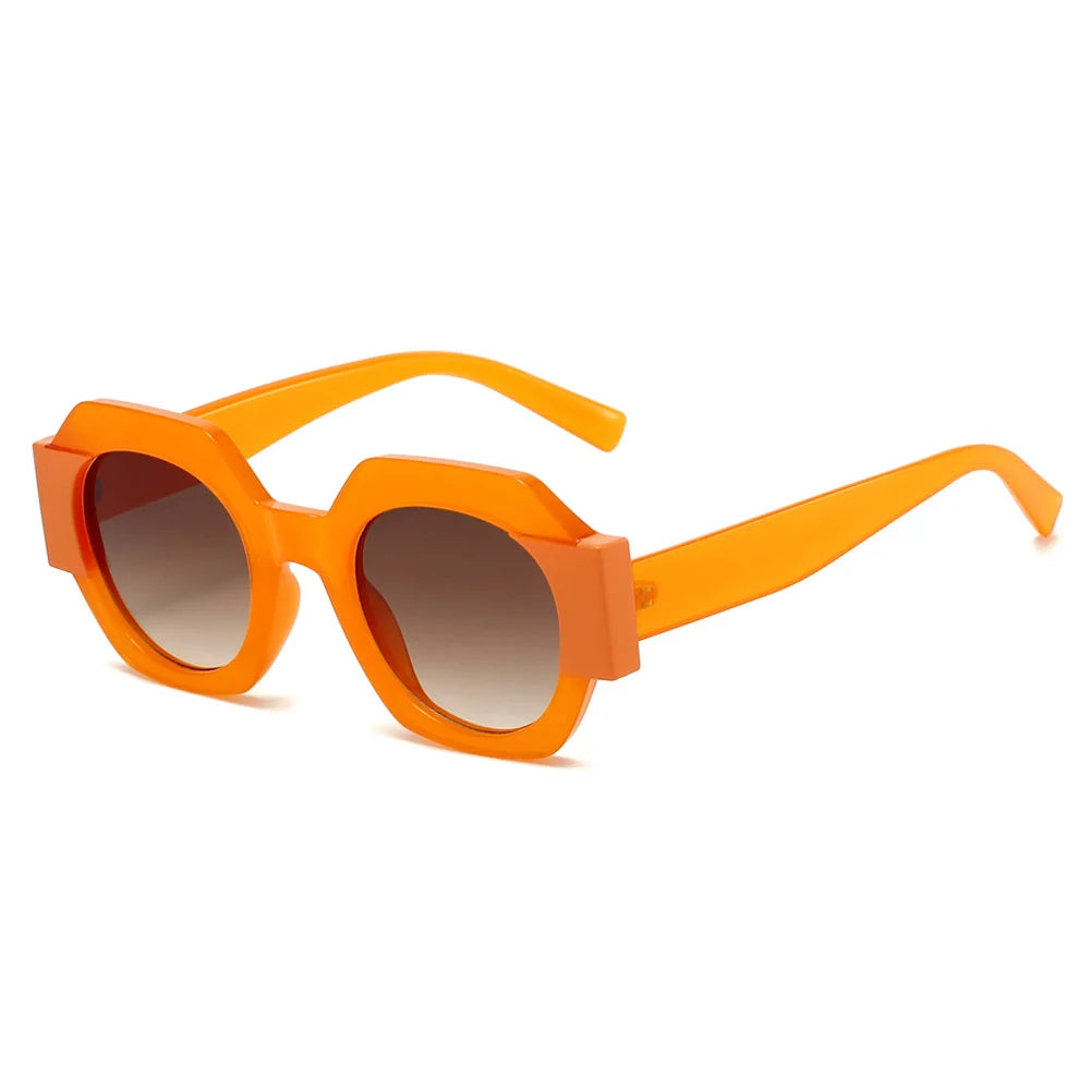 Hexagon-shaped designer sunglasses for women featuring colorful patchwork design, casual retro eyewear by HSF Marketplace