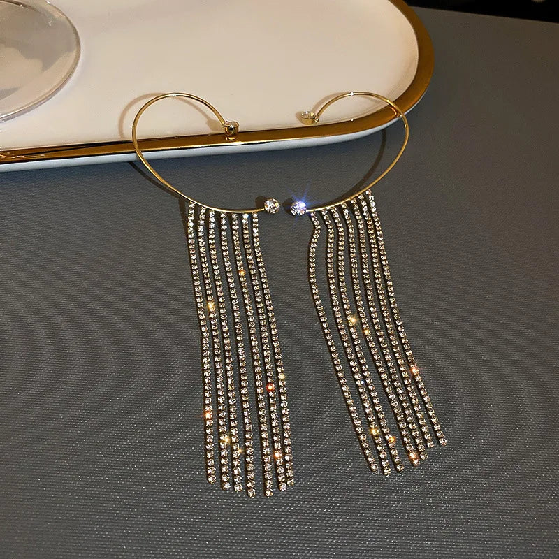 Luxury crystal tassel clip earrings for women with sparkling design by HSF Marketplace