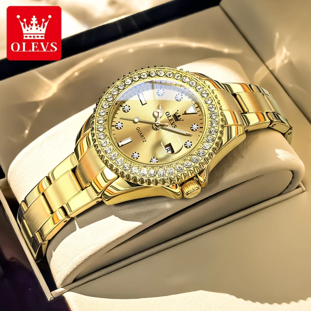 OLEVS 9945 Luxury Women Original Quartz Movement Watch Diamond Scale Stainless Steel Bracelet Luminous Function 30M Waterproof Watch