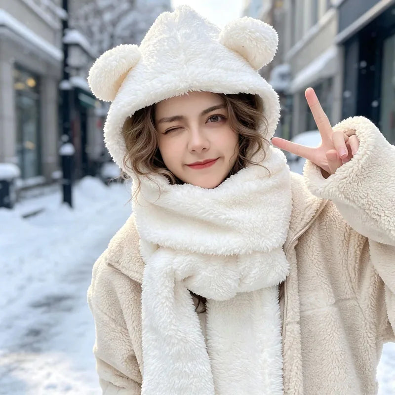 Women's winter bear ear hat, scarf and gloves set by HSF Marketplace in soft plush fabric