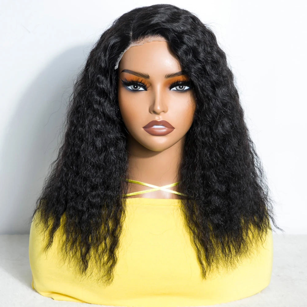 Natural black 14-inch kinky straight bob side part human hair wig with natural hairline and reddish brown color, glueless lace wig.