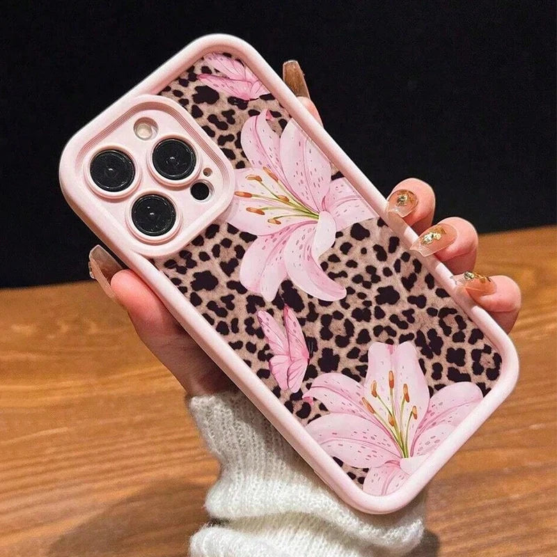 Pink lily and leopard print iPhone case by HSF Marketplace for stylish phone protection