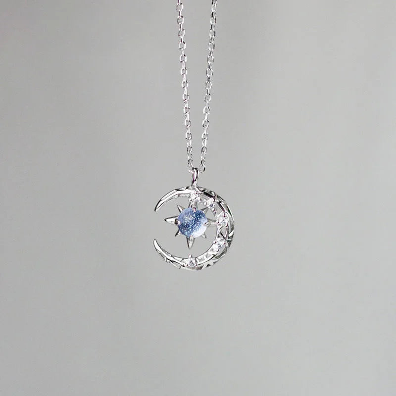 Silver star and moon pendant necklace for women featuring a simple clavicle chain, stylish jewelry accessory by HSF Marketplace.