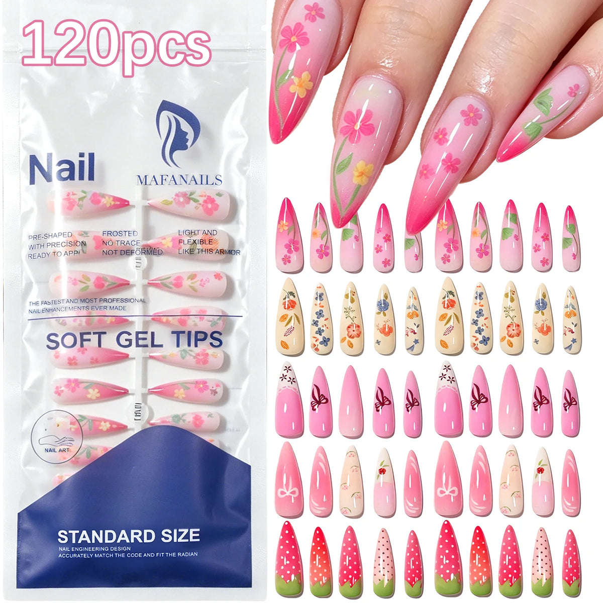 120-piece medium-long square acrylic French press-on false nails in mixed sizes by HSF Marketplace