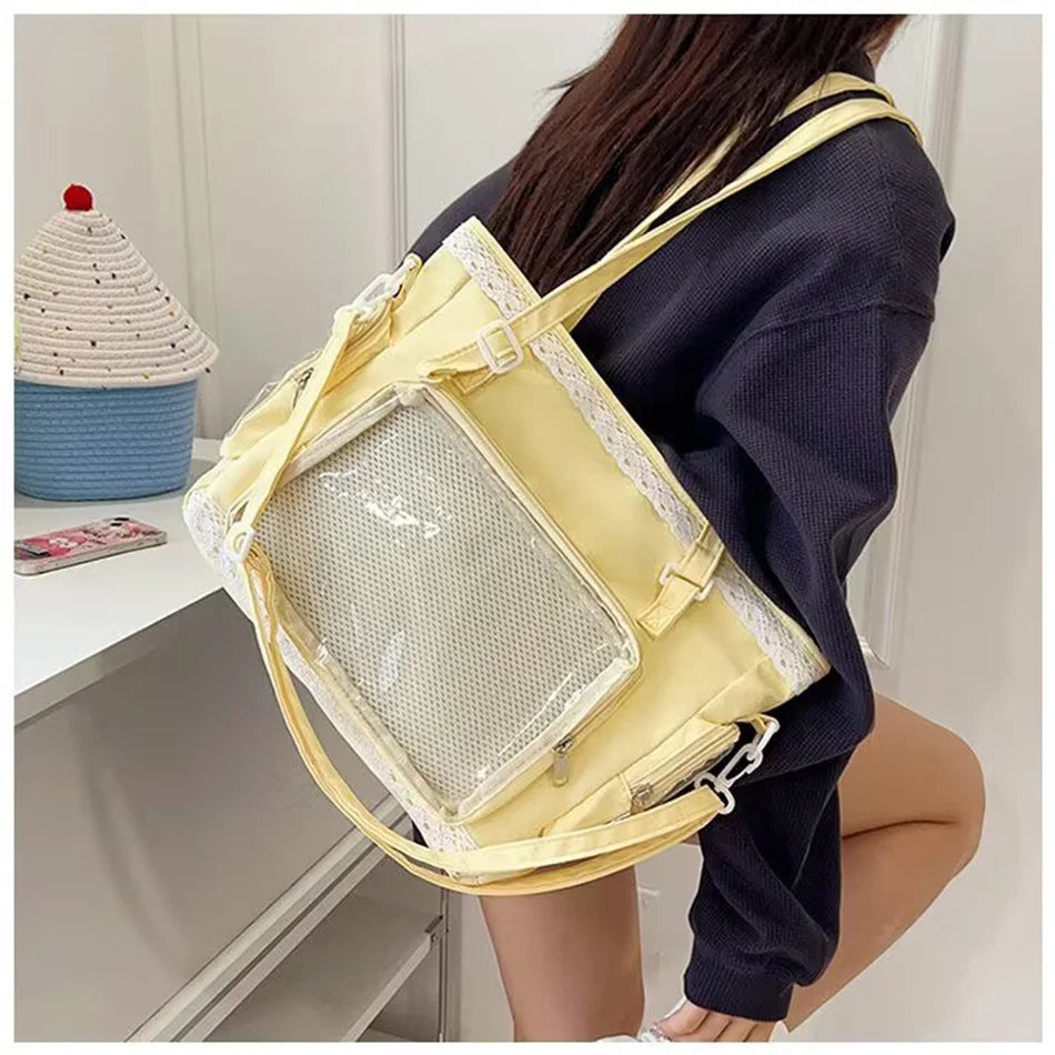 Transparent Y2K Japanese Ita Bag with large capacity, casual tote style, perfect for Lolita fashion, crossbody shoulder bag.