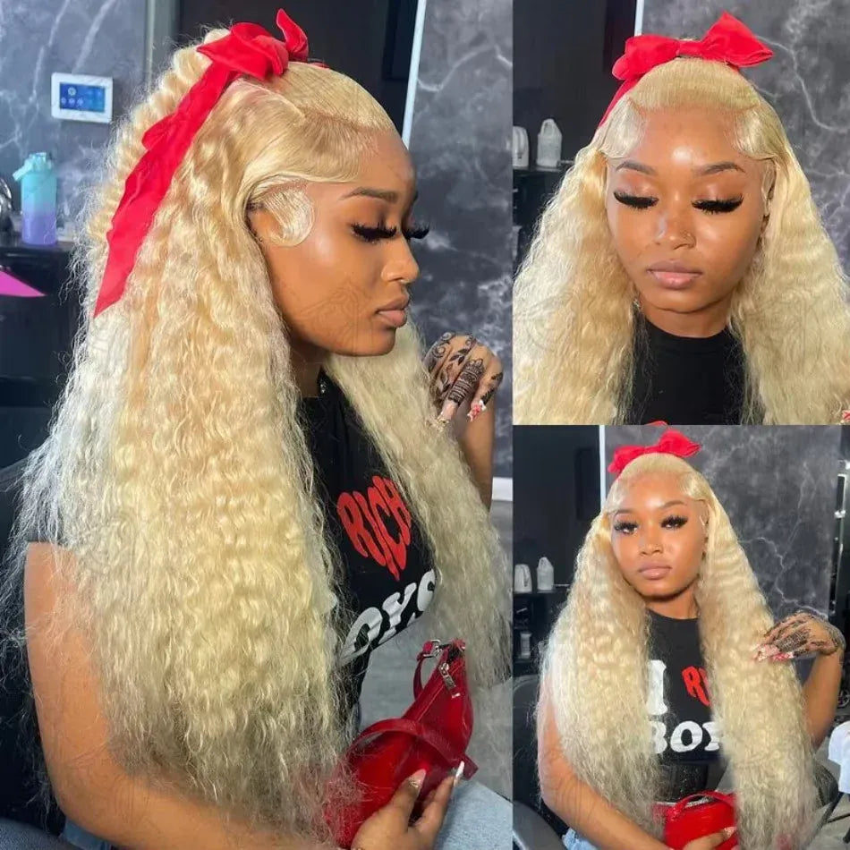 200% 250% Density 613 Blonde Lace Front Wigs Deep Wave Human Hair 13x4 Hd Lace Frontal Wig Pre Plucked Brazilian Ponytail Human Hair Lace Frontal Wig For Women Ready to Wear On Clearance Sale Pre Plucked Wig Party Work