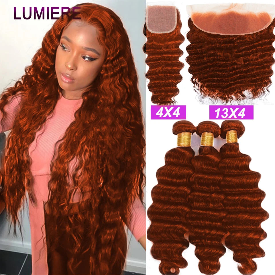 #350 Ginger Orange Omber Colored Loose Deep Wave Bundles With Lace Closure Frontal Preplucked  Human Hair Bundles With Frontal