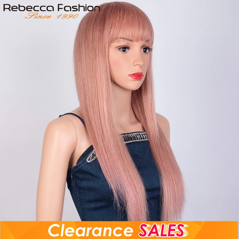 Dirty pink straight human hair wig with bangs, full machine-made, for women, styled straight, by HSF Marketplace.