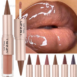 Dark plum pink lip makeup with matte lip liner, plumping lip glaze, and waterproof lip contour featuring a mirror for precise application.