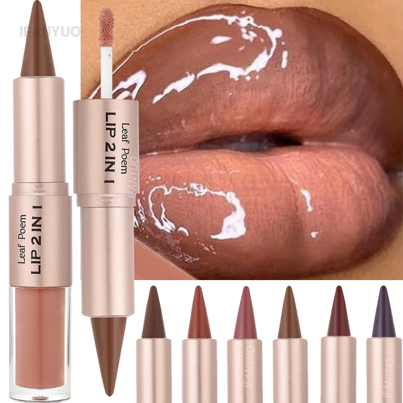 Dark plum pink lip makeup with matte lip liner, plumping lip glaze, and waterproof lip contour featuring a mirror for precise application.