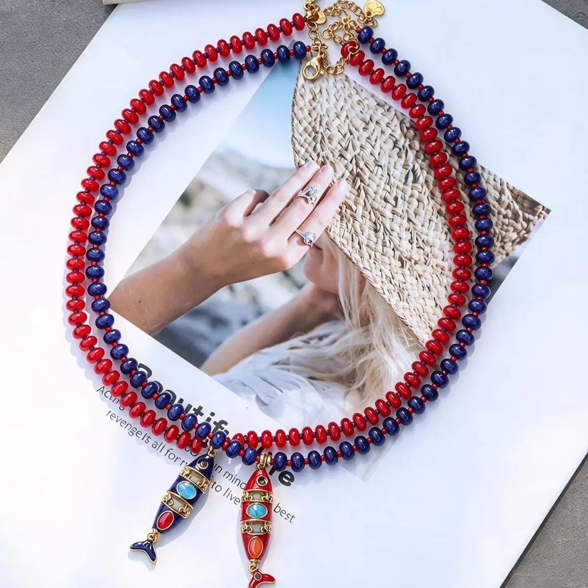 Red and blue beaded necklace with multi-layer fish pendant, natural stone and stainless steel, jewelry by HSF Marketplace
