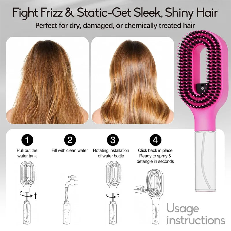 HSF Marketplace 2-in-1 spray hair brush with water mist and anti-static comb for detangling, frizz control, and scalp massage.