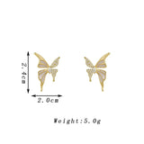 White enamel butterfly stud earrings with crystal wings and golden color metal for women