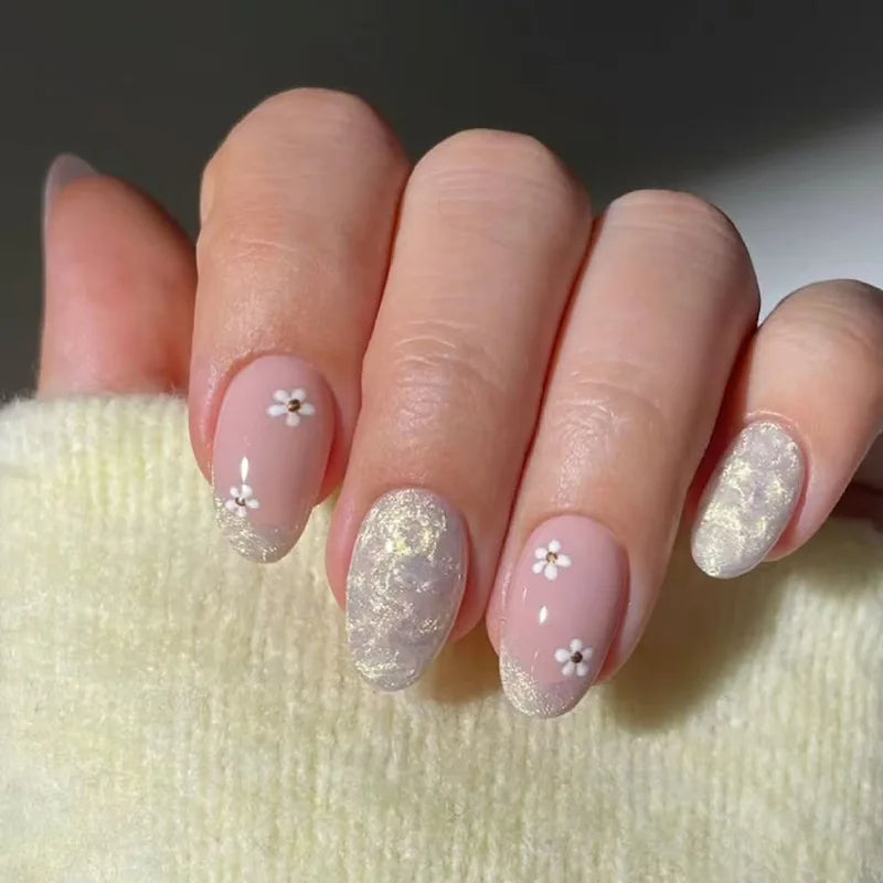 HSF Marketplace 24-piece short almond press-on nails with pink floral French tips, glossy full-cover design