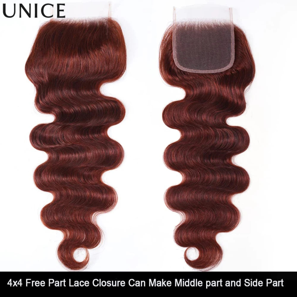 Reddish brown body wave human hair bundles with lace closure by HSF Marketplace