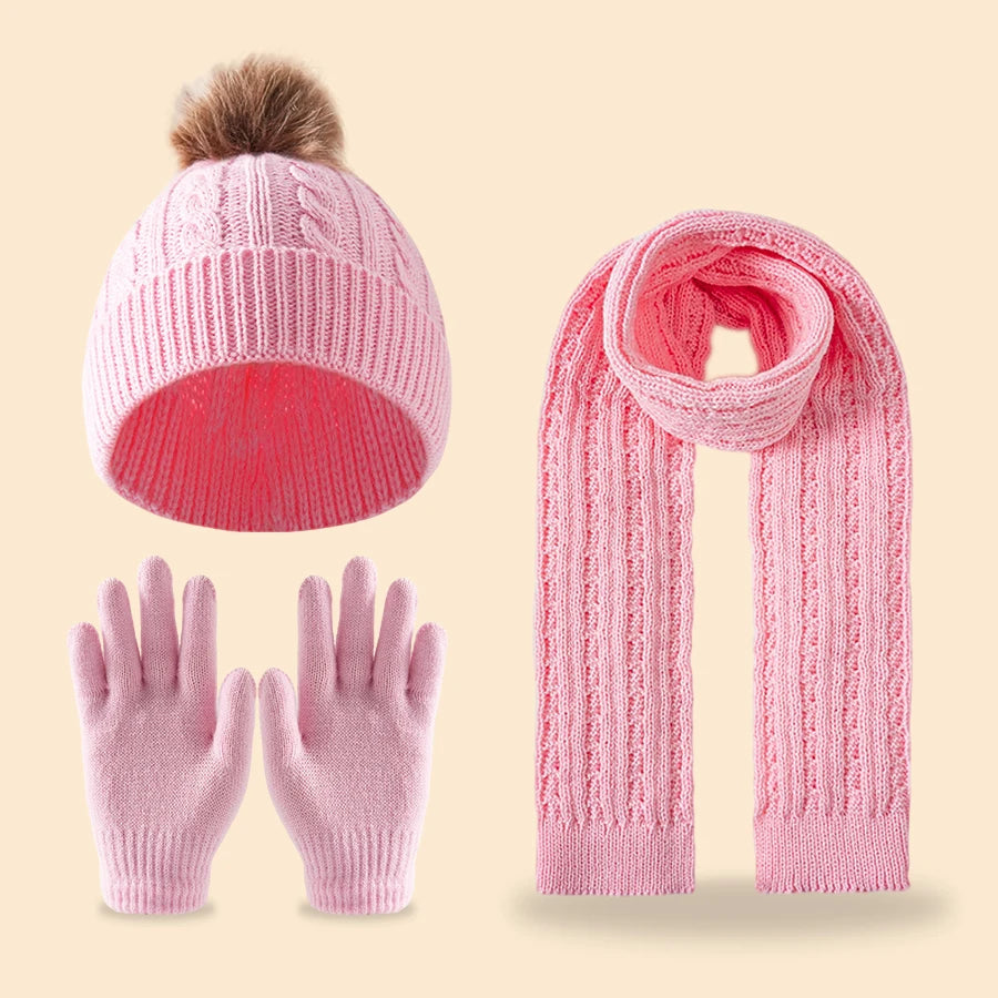 Kids winter double-ball fleece scarf, hat and gloves set by HSF Marketplace, ages 3–14Y
