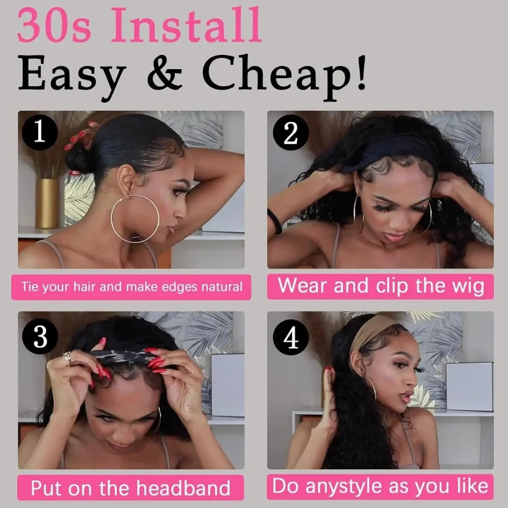 200% density 30-inch body wave human hair headband wig for Black women, machine-made wear-and-go style