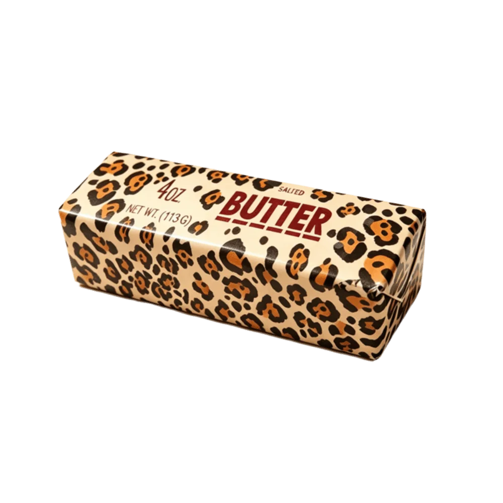 Leopard print HSF Marketplace sensory toy butter stick, soft and elastic 13.5cm candy-style squeeze butter bar for stress relief.
