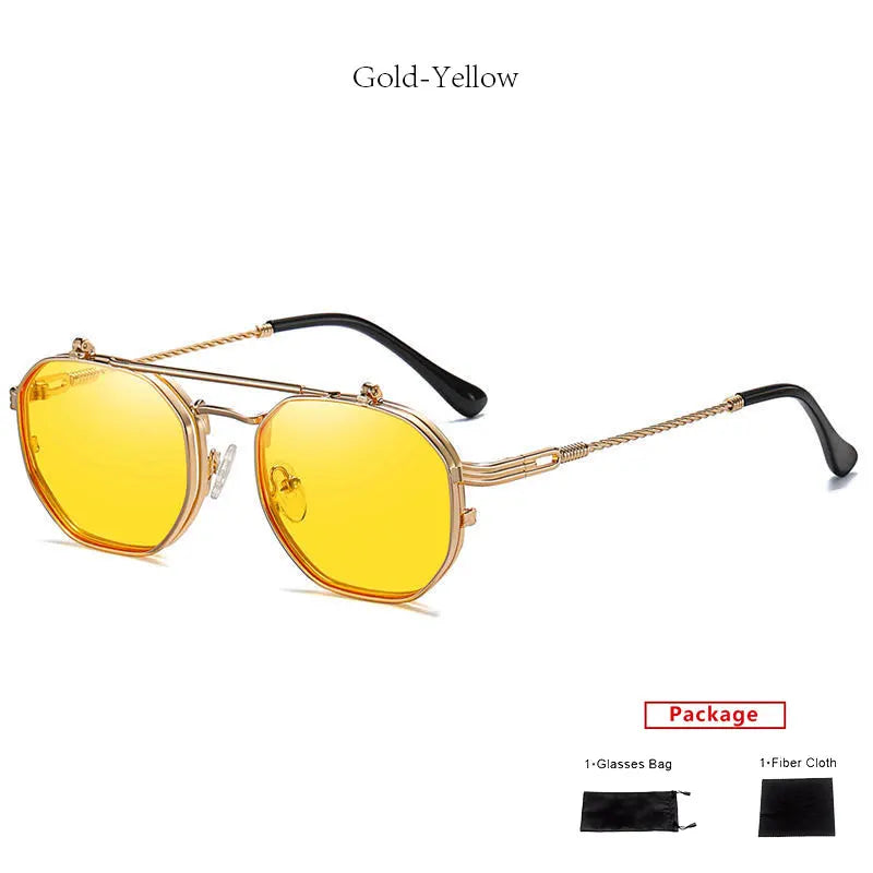 Mimiyou polarized polygon flip-up sunglasses for women and men with vintage punk style, UV400 protection, and brand logo.