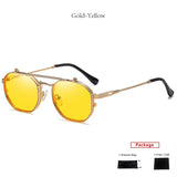 Mimiyou polarized polygon flip-up sunglasses for women and men with vintage punk style, UV400 protection, and brand logo.