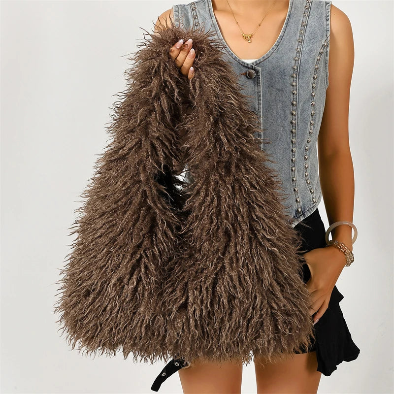 Luxury faux fur tote bag for women, stylish winter hobo handbag in a soft textured design