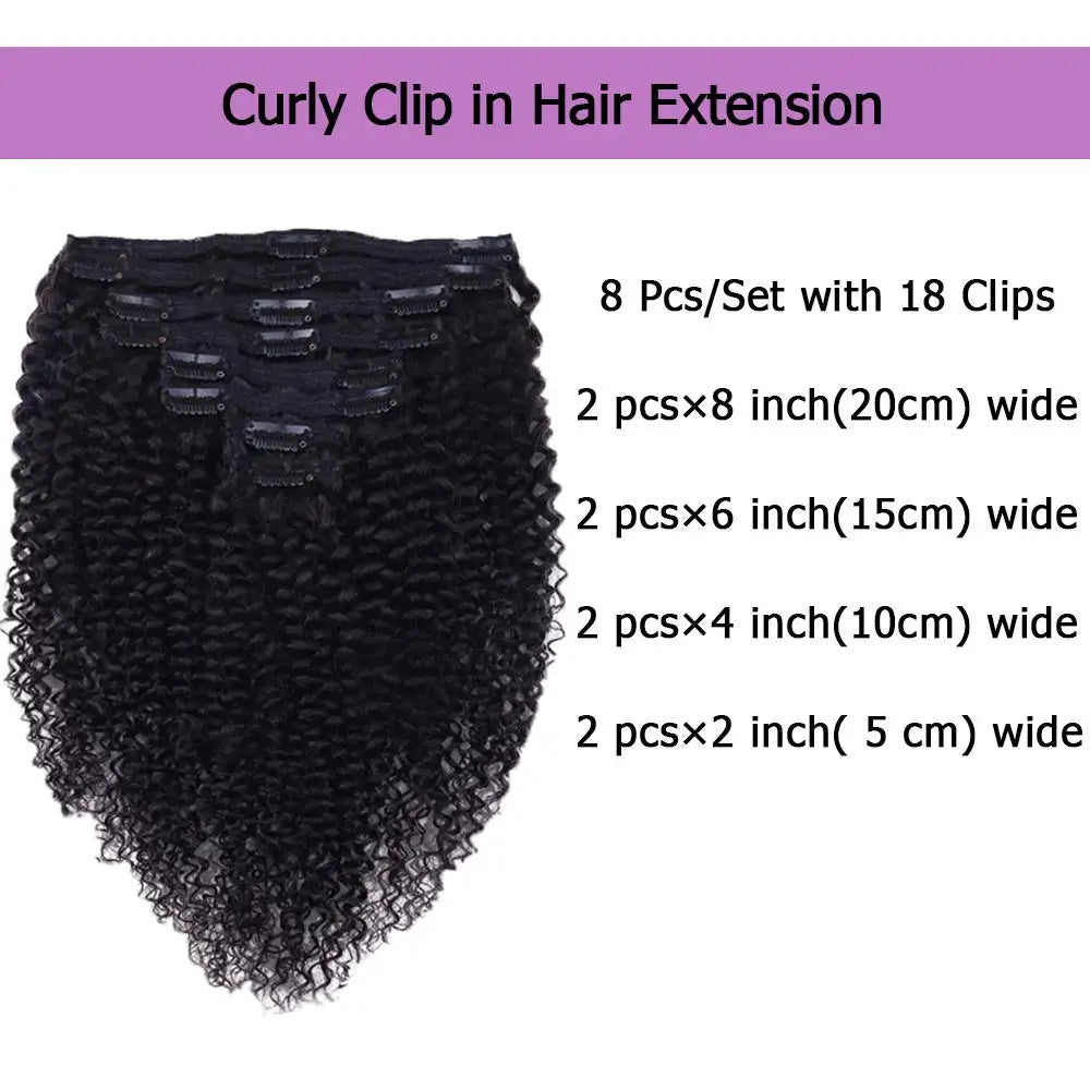 Kinky curly Brazilian Remy human hair clip-in extensions, natural color, 8-piece full head set