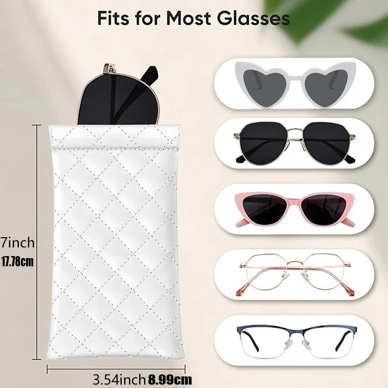 Soft PU leather sunglasses case for women, portable eyeglass pouch with squeeze closure and stylish design.