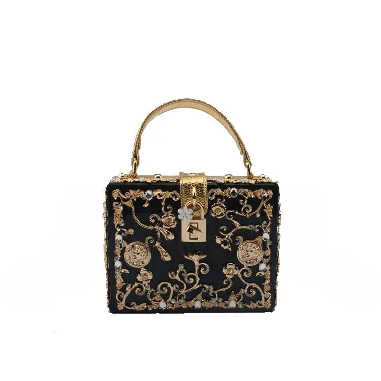Acrylic dinner bag with engraved metal and diamond accents, HSF Marketplace handbag purse