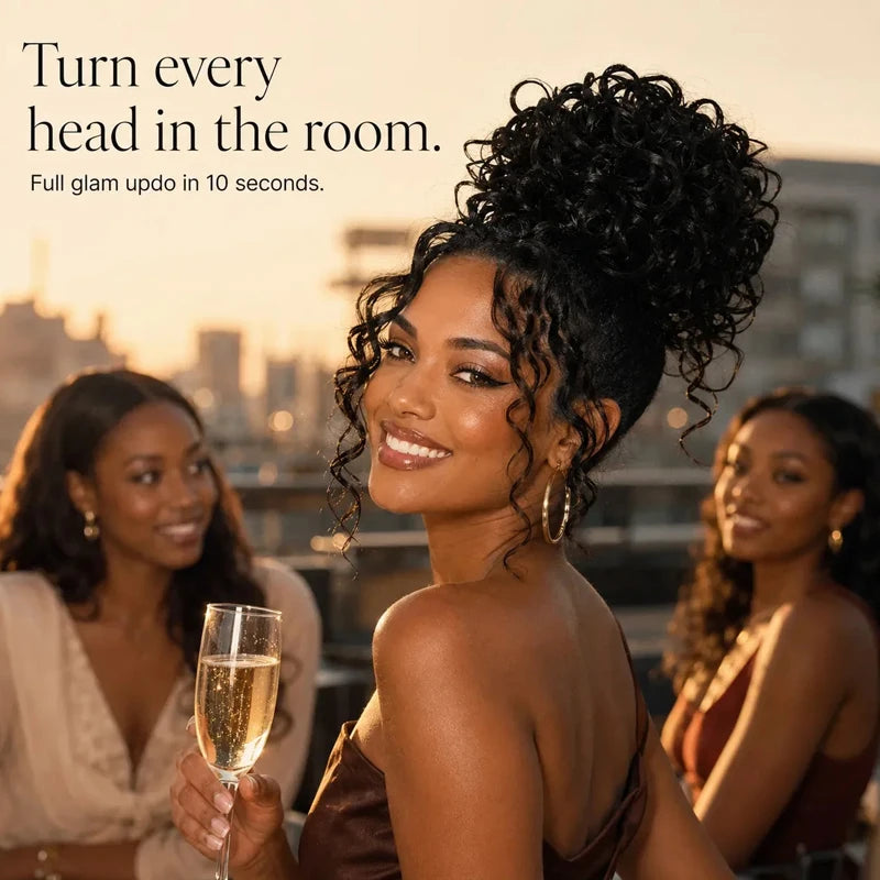 Afro kinky curly human hair chignon ponytail drawstring high bun hairpiece in black, 8-inch style