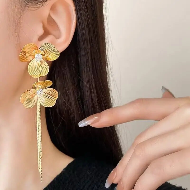 Trendy flower drop earrings with long tassels and rhinestones by HSF Marketplace