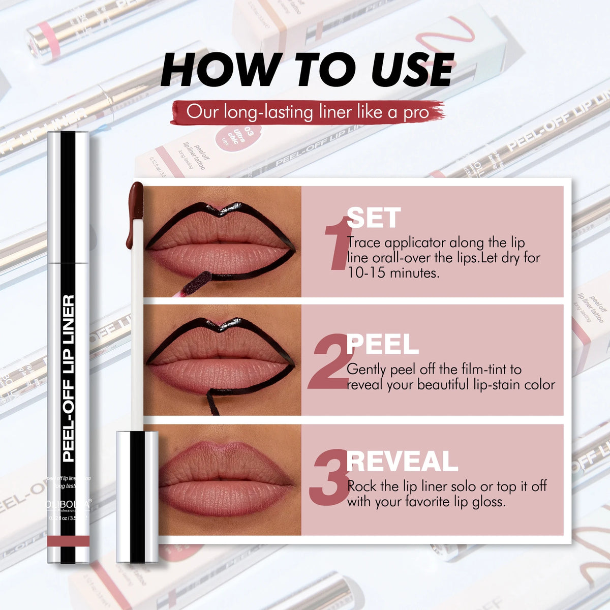 Long-lasting waterproof matte lip tint with nourishing lip gloss and tattoo lip liner for enhanced, vibrant lips.