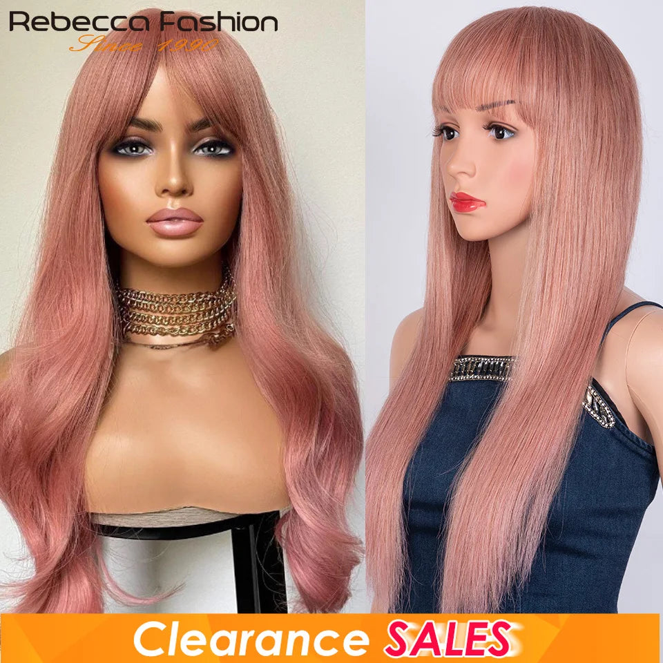 Dirty pink straight human hair wig with bangs, full machine-made, for women, featuring natural straight style and vibrant color.