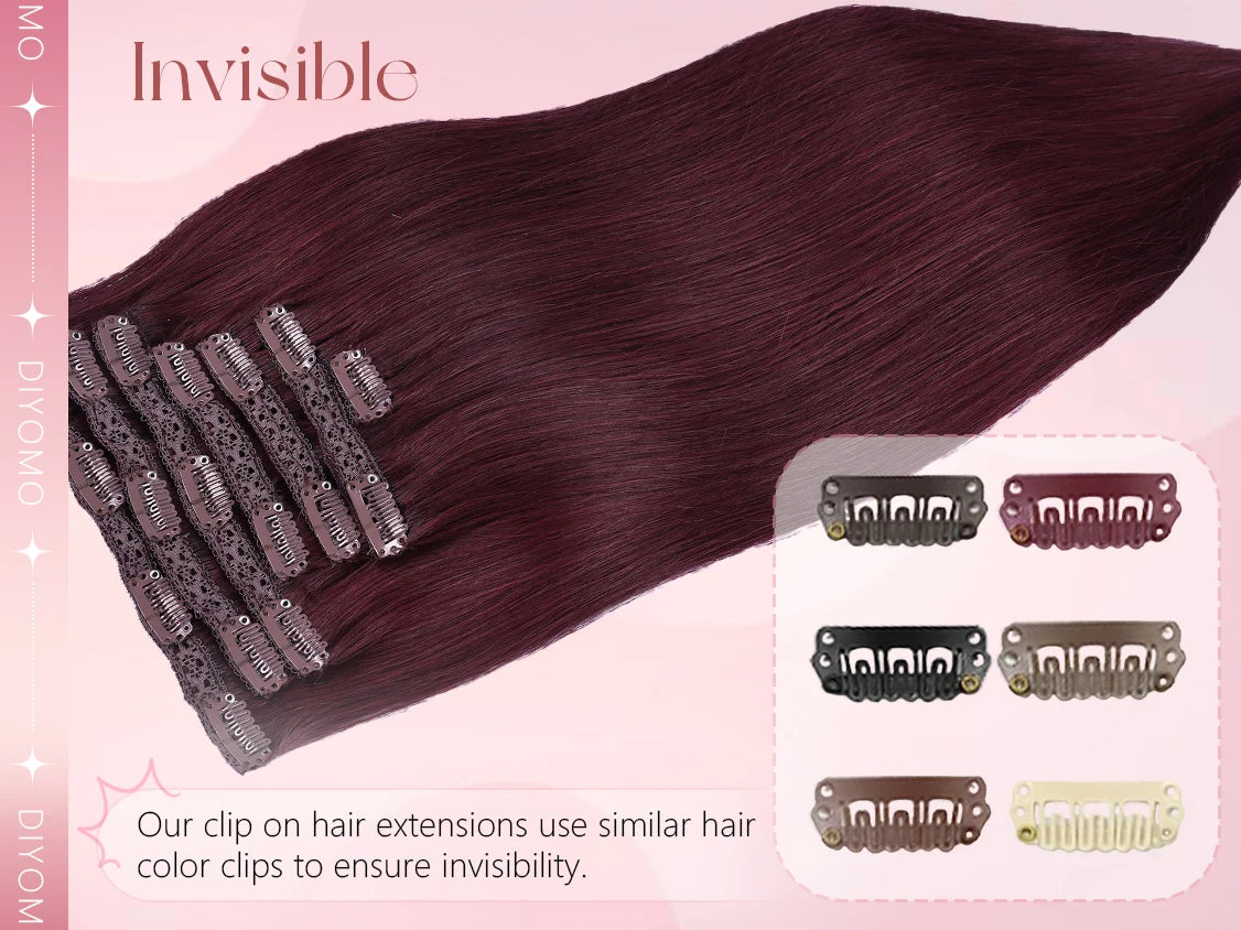 DIYOMO natural black straight PU clip-in hair extensions, 100% human hair with seamless invisible wefts
