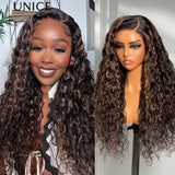 UNice Bye-Bye Knots 7x5 Lace Side Part Water Wave Human Hair Wig With Golden Brown Highlights 150% Density