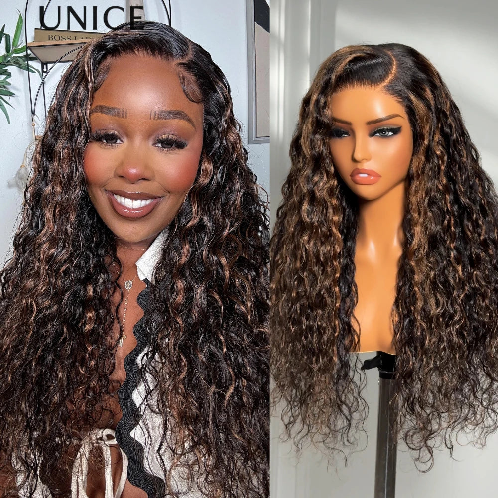 UNice Bye-Bye Knots 7x5 Lace Side Part Water Wave Human Hair Wig With Golden Brown Highlights 150% Density