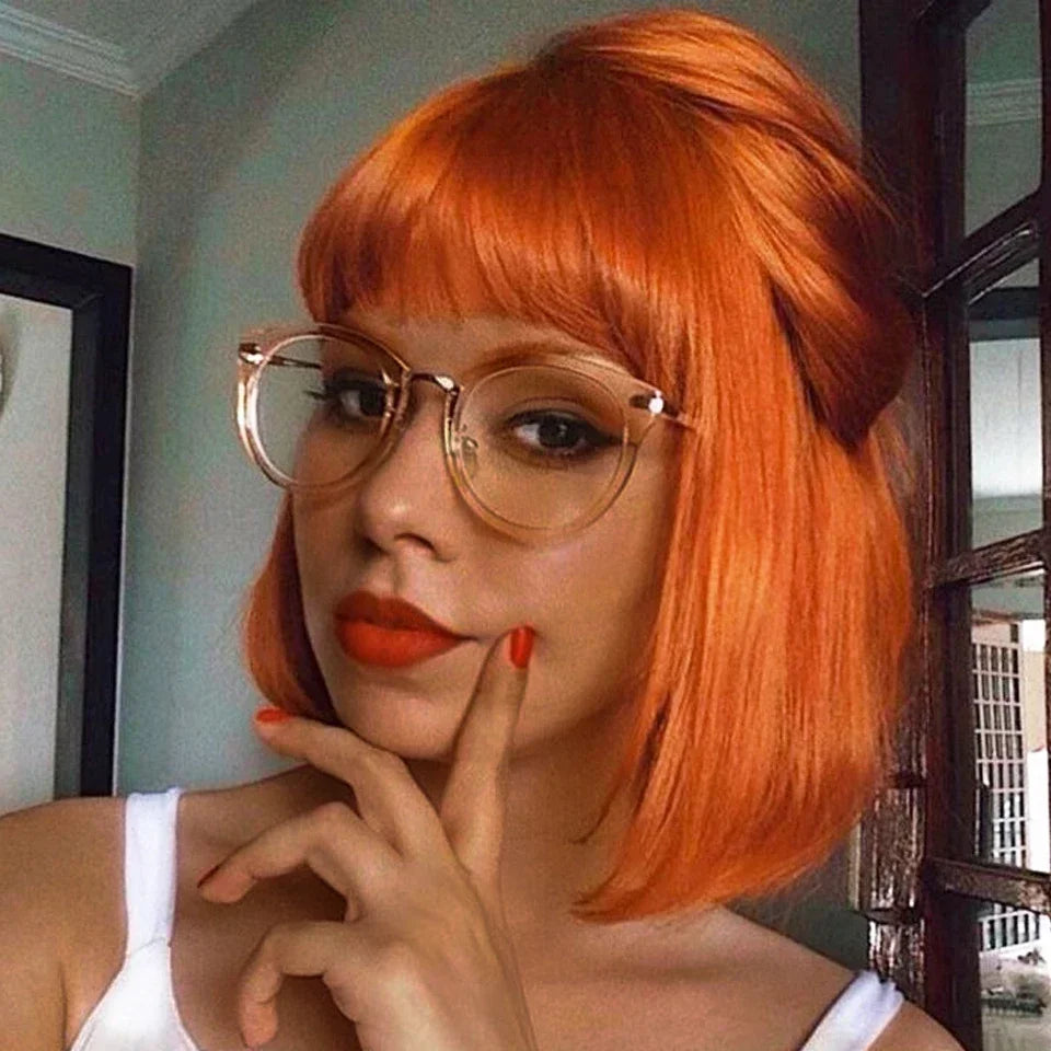 Orange blonde short straight bob wig with bangs, human hair, Brazilian style, machine-made, featuring a sleek cut and vibrant color.